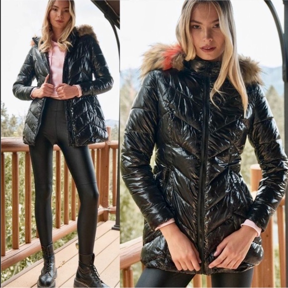 NWT Vegan Black Leather and Faux Fur Fitted Puffer Coat with Hood Matrix Vibes